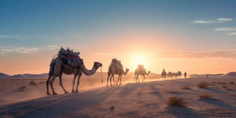 Camel caravan in the desert at sunrise AI generated image